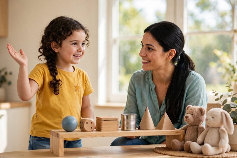 Girl presenting her 3D shape museum to stuffed animal visitors