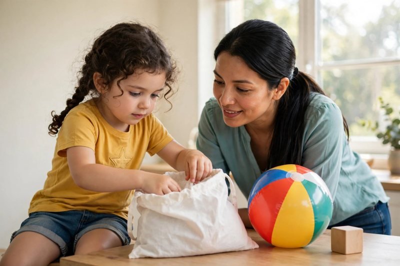 Girl reaching into a white pillowcase bag beside a beach ball