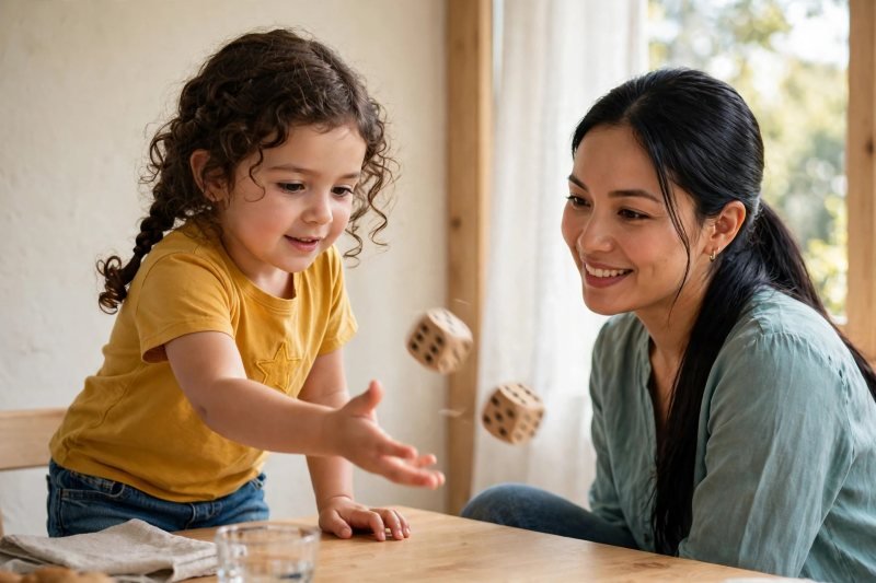 Girl tossing two wooden dice mid-air beside her smiling mother