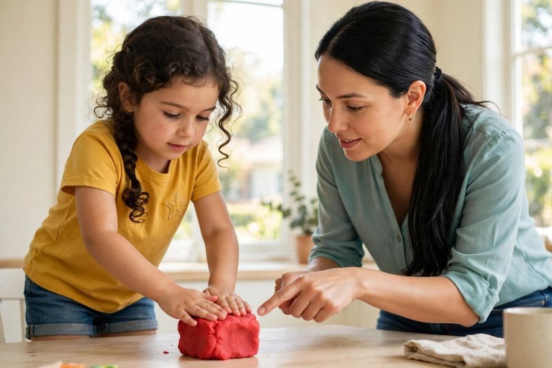 Girl flattening red playdough into a cube with her mother pointing