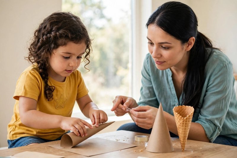 Girl rolling a paper cone beside a real waffle ice-cream cone