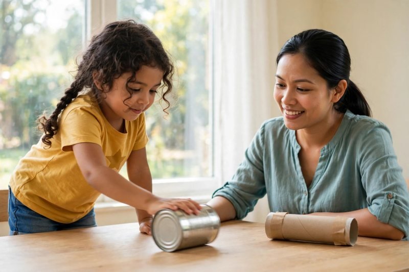 Girl pushing a plain tin can across a table beside a paper tube