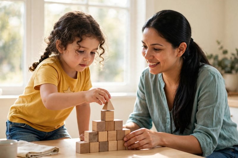 Girl placing a wooden pyramid atop a stepped cube tower