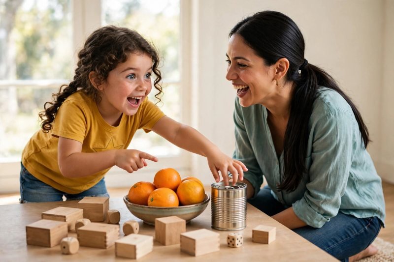 Girl pointing at oranges and a tin can during a shape hunt
