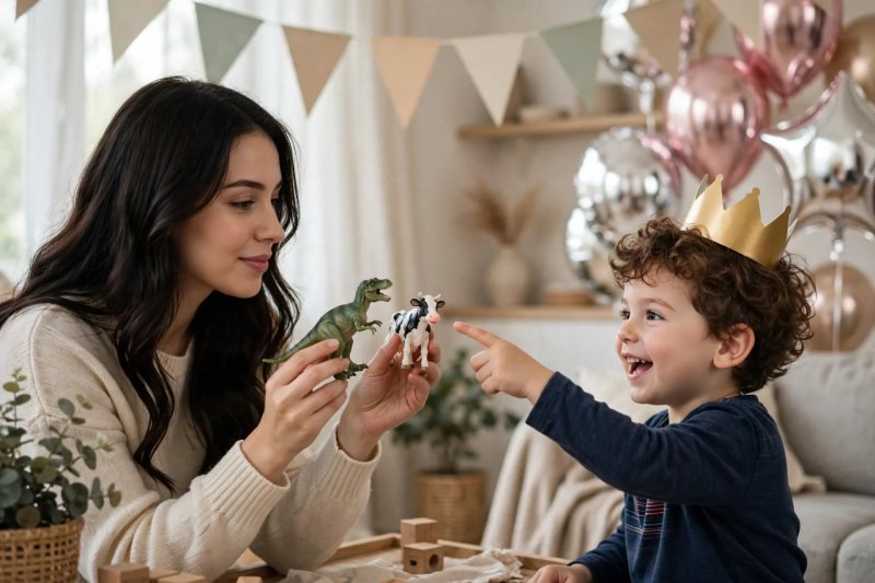 Mother offering toy dinosaur and cow while boy chooses theme