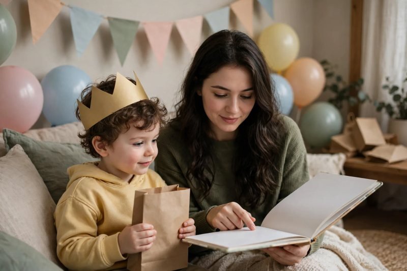 Mother reading blank-paged book while boy holds his favor bag