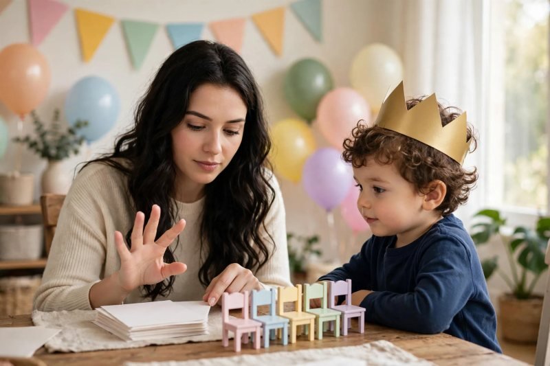 Mother counting small chairs beside stack of blank invitation cards