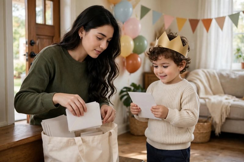 Mother packing blank invitation envelopes while boy holds one proudly