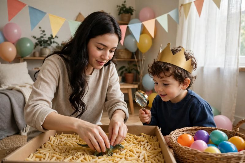 Mother burying toy dinosaur in pasta dig bin beside eggs