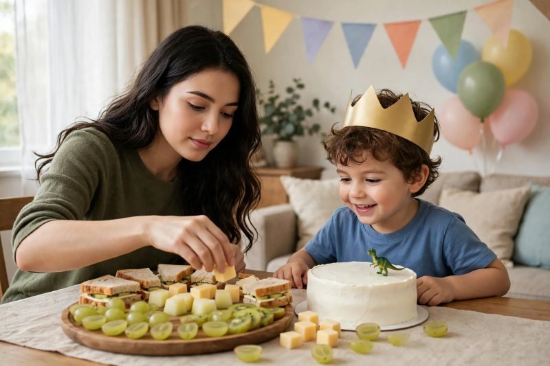 Mother arranging halved grapes sandwiches and dinosaur-topped cake on table