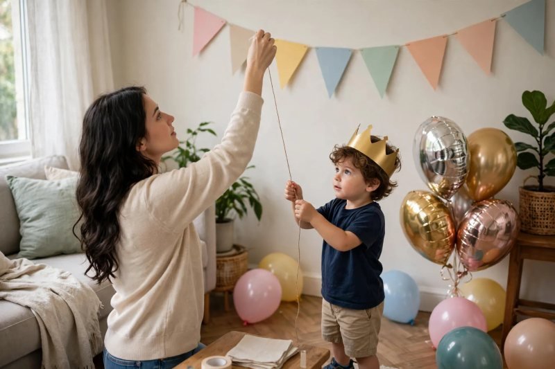 Mother hanging plain bunting while boy holds the string end
