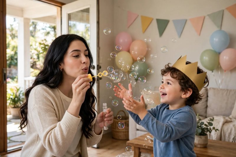 Mother blowing bubbles by open door while crowned boy reaches