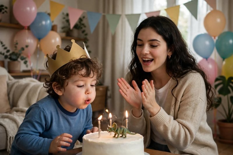 Boy blowing out three candles on dinosaur cake while mother claps