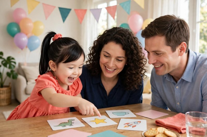 A young girl points at colorful theme cards spread across a table.