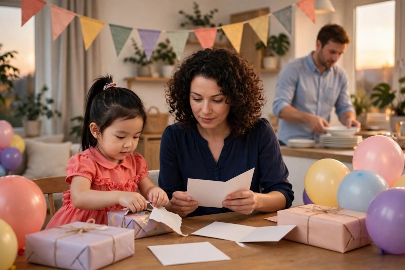 A mother helps her daughter open birthday cards after the party ends.