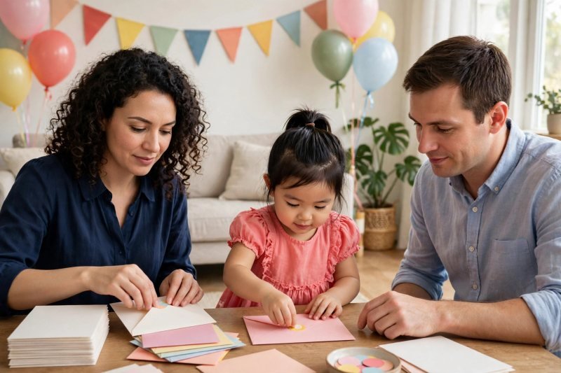 A mother seals plain party invitation envelopes at a decorated kitchen table.