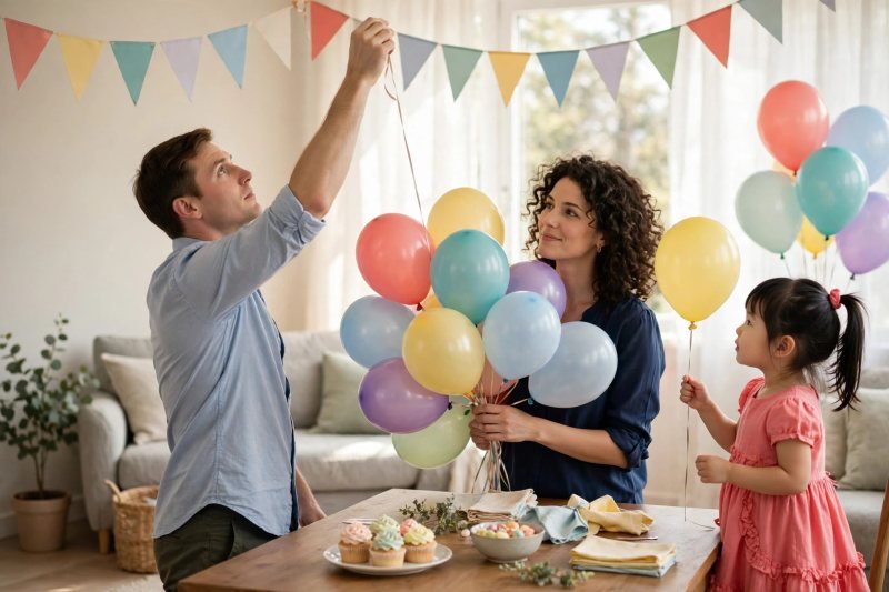 A father hangs colorful bunting and balloons across a bright living room wall.