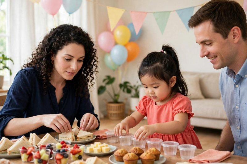 A mother arranges small sandwiches, fruit cups and muffins on party table.