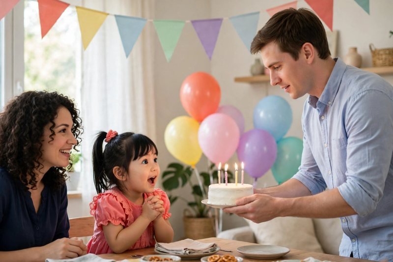 A father carries a birthday cake with four lit candles toward table.
