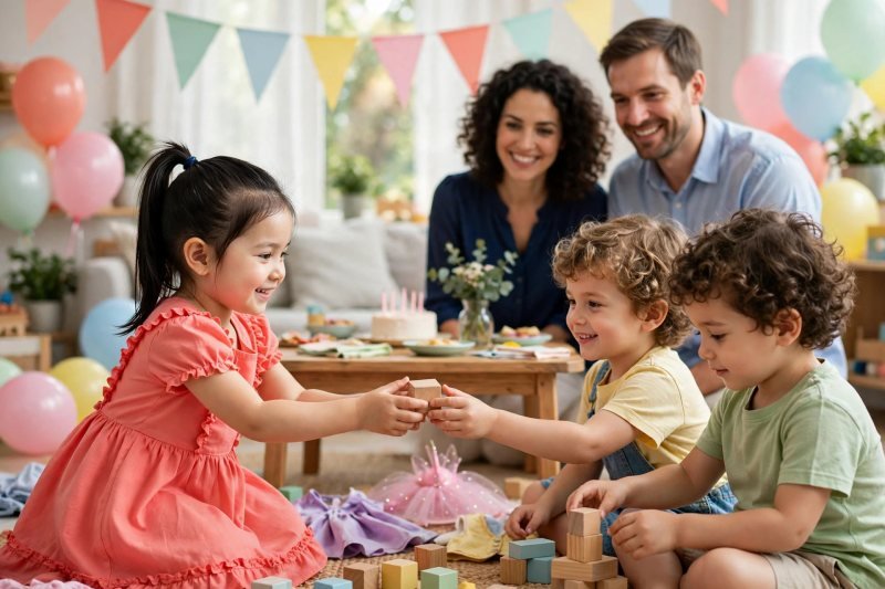 Children play freely with building blocks and dress-up clothes at party.
