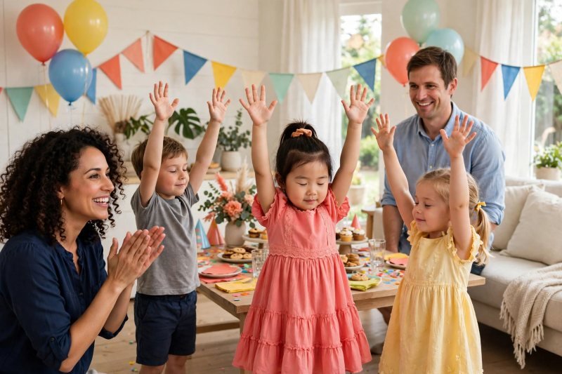 Children freeze mid-dance during a musical statues game at a party.