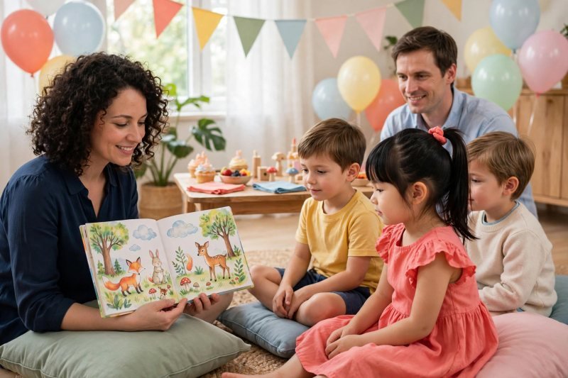 Children sit on cushions listening while a mother reads a picture book.