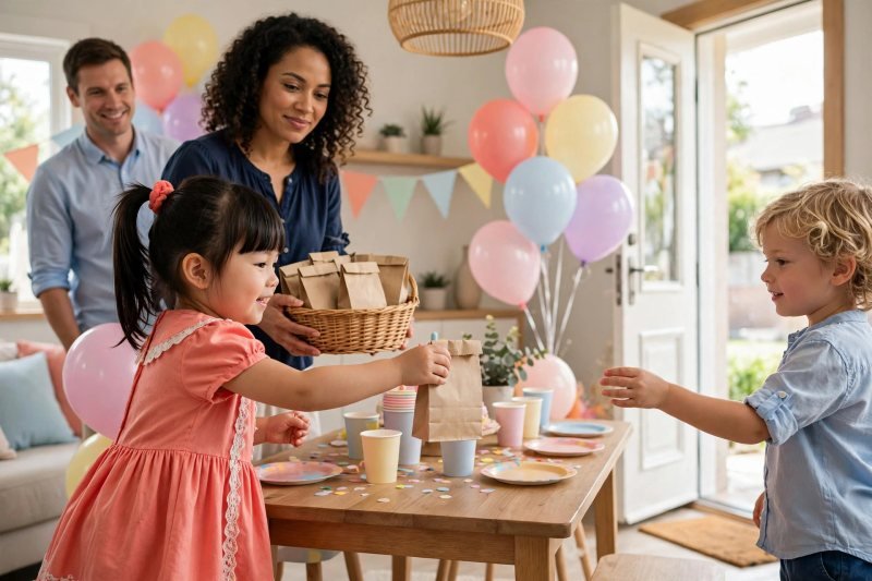 A young girl hands a small favor bag to a departing guest.