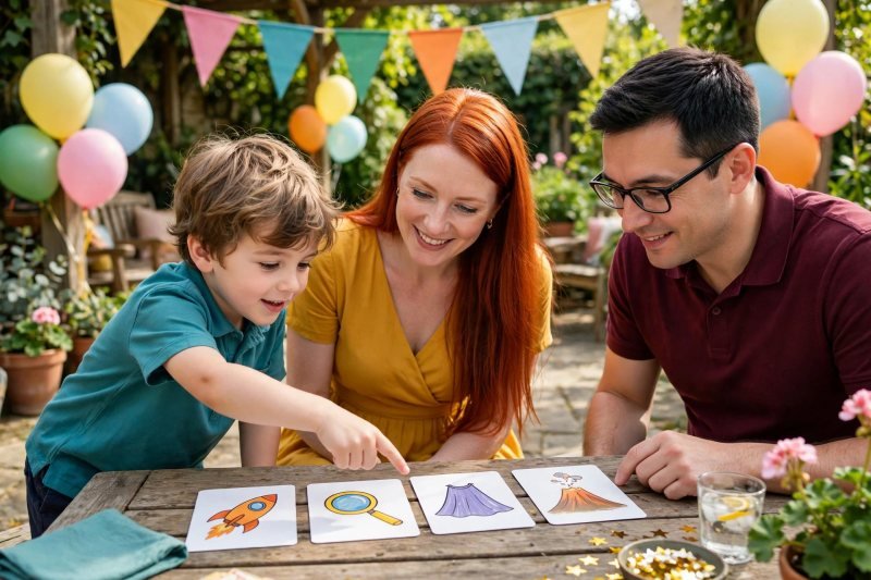 A young boy points at mission theme cards spread across a garden table.