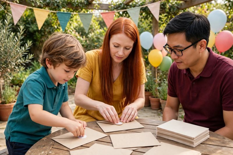 A mother seals blank invitation envelopes while her son adds sticker seals.