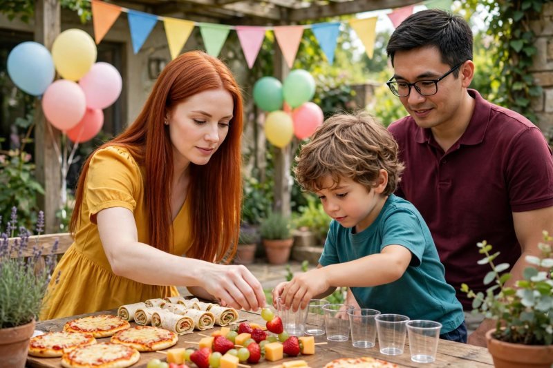 A mother sets mini pizzas, wraps and fruit skewers on party table.