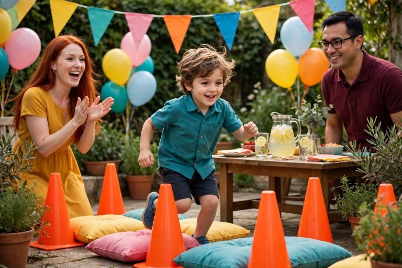 Children race through a garden obstacle course with cones and cushions.