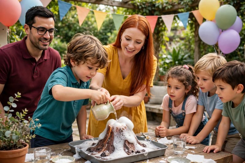 A young boy pours into a tray volcano while children watch safely.