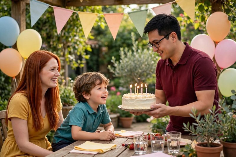 A father carries a cake with five lit candles toward the table.