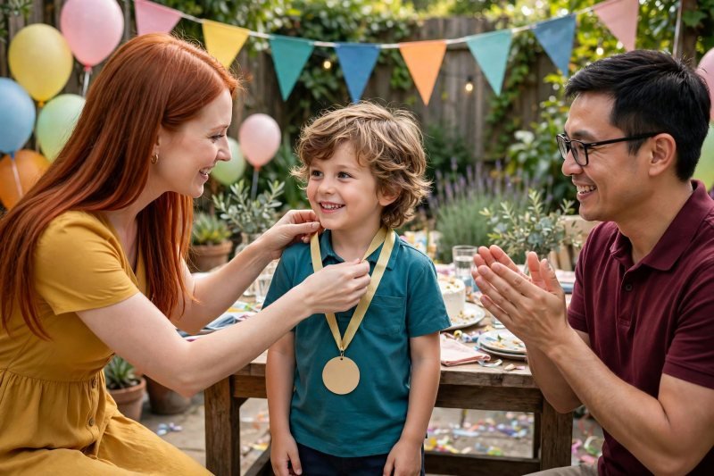 A young boy receives a playful paper award medal from his mother.