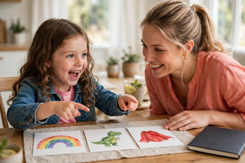 A girl points between rainbow, dinosaur, and cape picture cards choosing her theme.