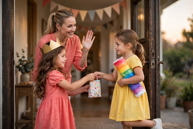 A birthday girl hands a favor bag to a friend carrying her painting.