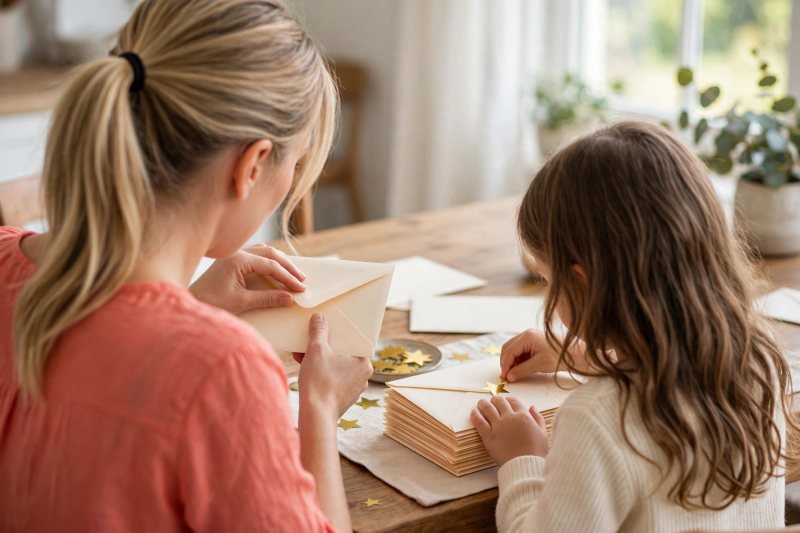 A mother seals blank invitation envelopes while her daughter adds gold star stickers.
