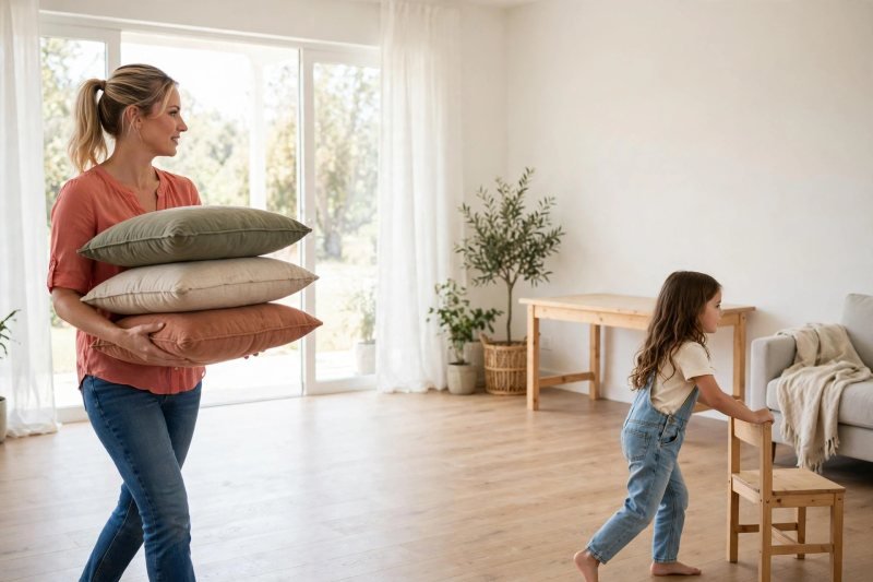A mother carries cushions to a calm corner; her daughter pushes a chair.
