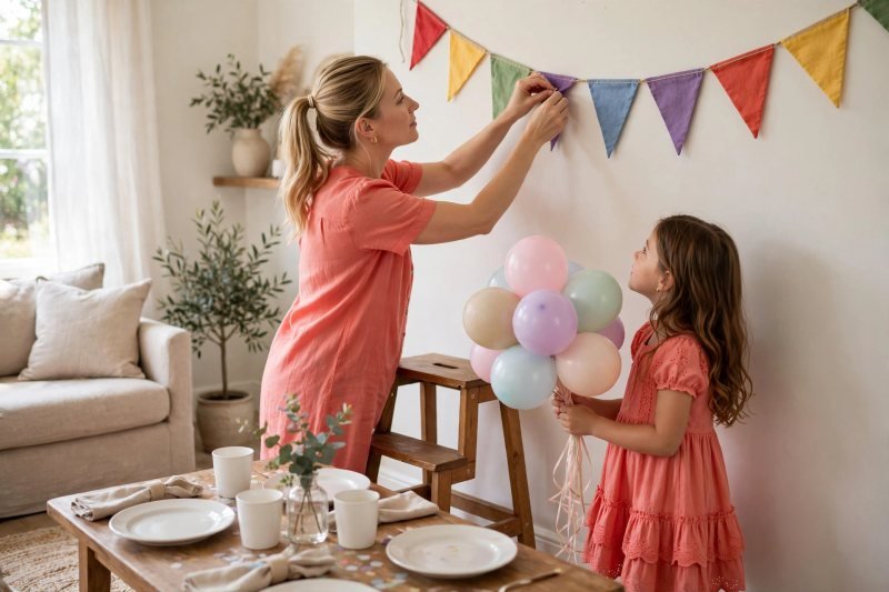 A mother pins the last bunting triangle while her daughter holds pastel balloons.