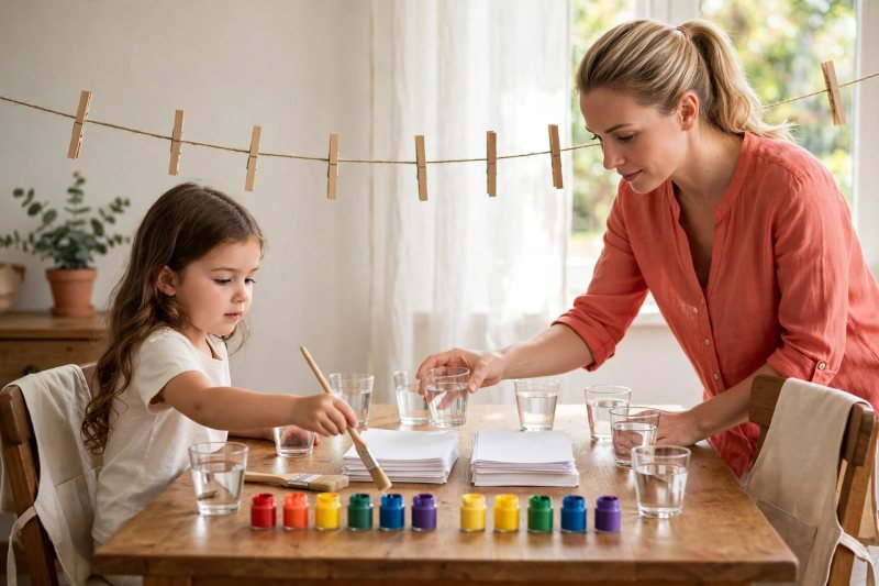 An art station waits: rainbow paints, water cups, paper stacks, aprons, drying line.