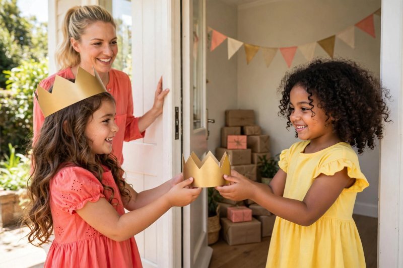 A birthday girl hands a paper crown to a guest at the door.