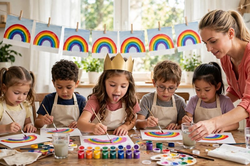 Five children paint rainbows at an art table beneath a full drying line.