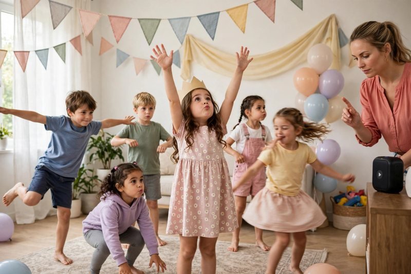Children freeze in silly statue poses while their host watches the speaker.
