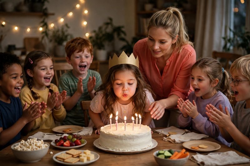 A birthday girl blows out six candles as friends clap and sing.