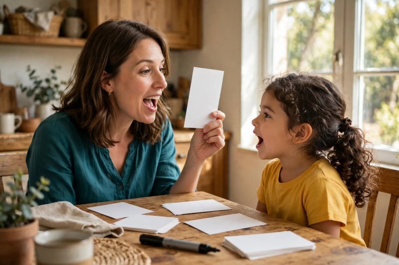 Mother stretches out a word on a blank card while her curly-haired daughter echoes her at the sunlit kitchen table