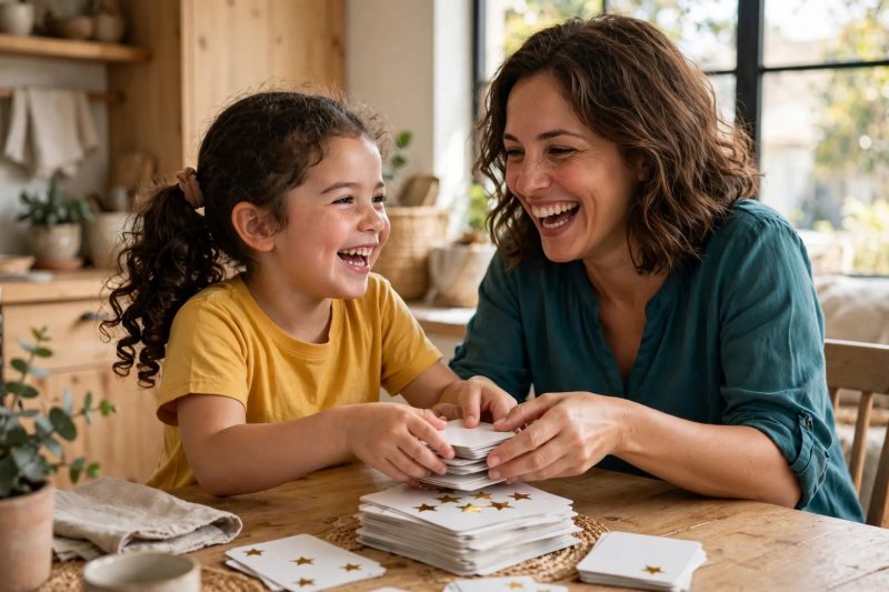 Laughing mother and daughter stacking star-marked word cards into a neat pile to put away