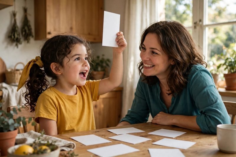 Little girl proudly reads a blank word card aloud while her smiling mother listens at the kitchen table