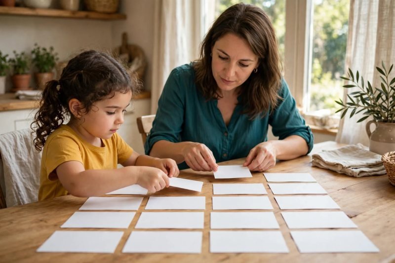 Mother and daughter's hands laying blank word cards into four neat rhyme rows on the wooden table