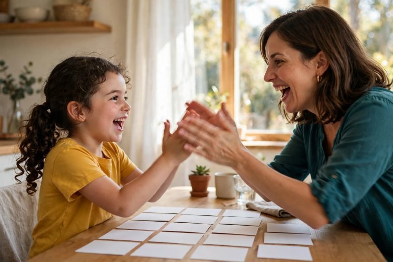 Mother and daughter mid-clap above card rows, chanting rhymes together at the kitchen table