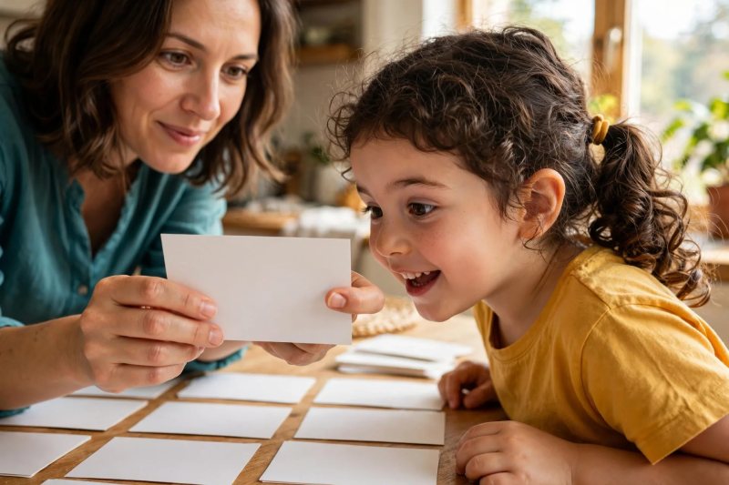 Mother's thumb pressed over a blank card's end as her daughter leans in, delighted, playing steal-the-e